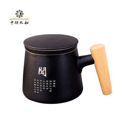 Ceramic Wood Handle Frosted Retro Tea Cup With Separator