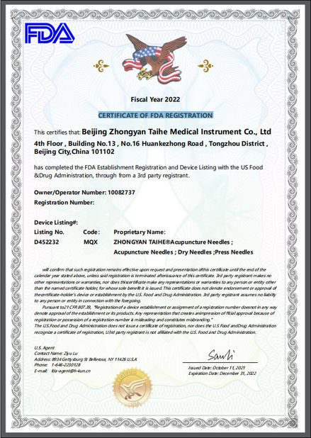 China Beijing Zhongyan Taihe Medical Instrument Co., Ltd. Certification